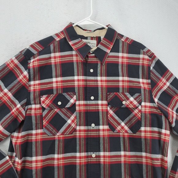 Chaps Men's Long Sleeve Casual Button Up Plaid Fitted Chest Pockets Red Large - Picture 7 of 12